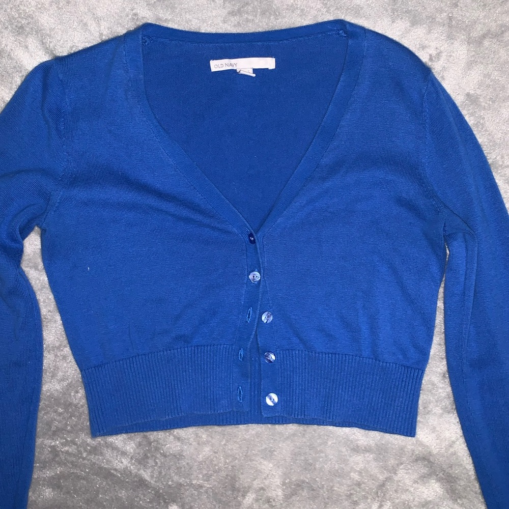 blue cropped cardigan